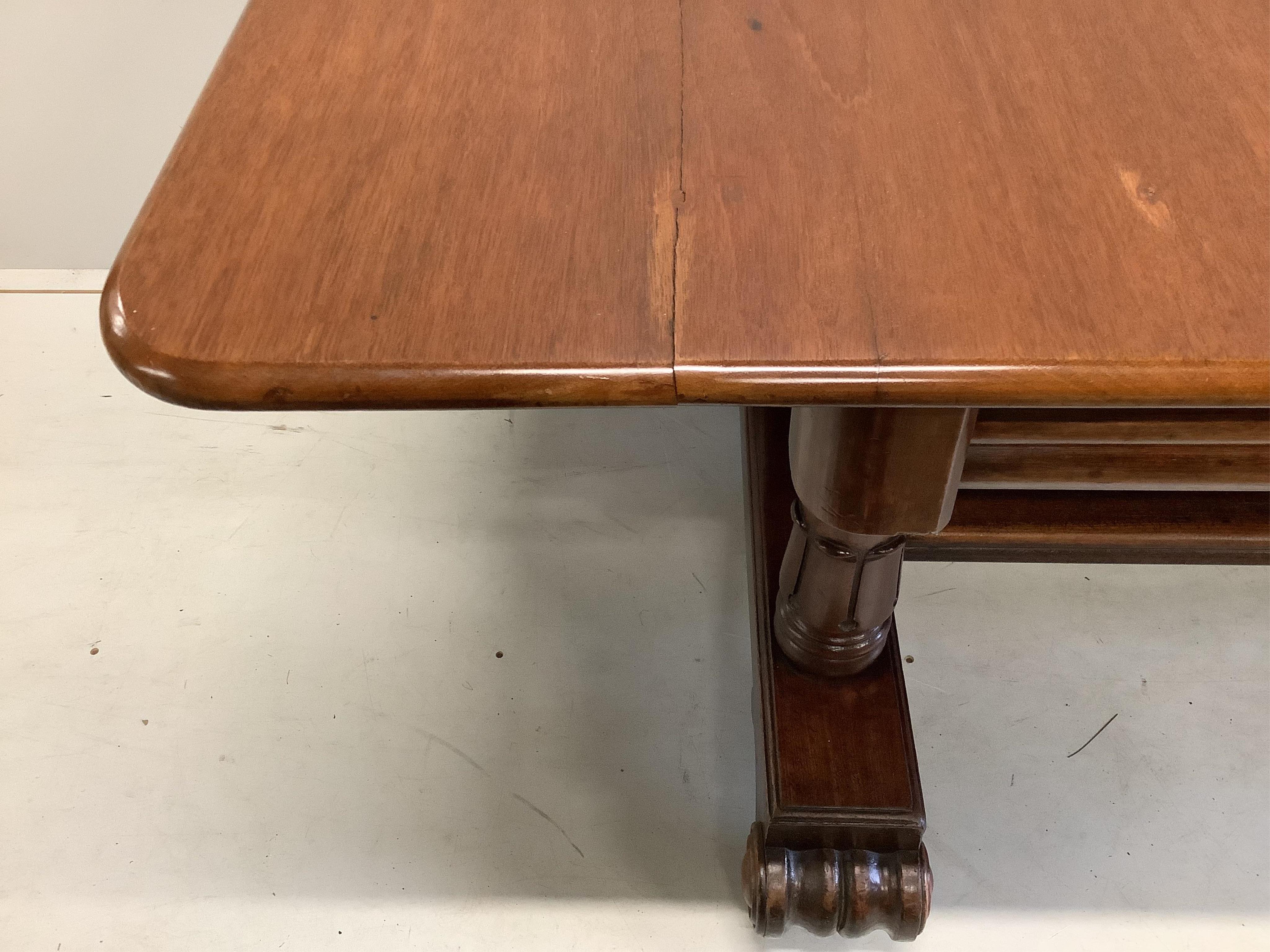 A William IV rectangular mahogany extending dining table, 207cm extended, two spare leaves, depth 95cm, height 77cm. Condition - fair to good, top has been repolished and offset when extended, not closing fully when not.